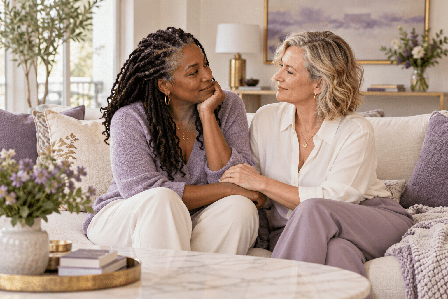 Mixed-race lesbian couple receiving private relationship coaching