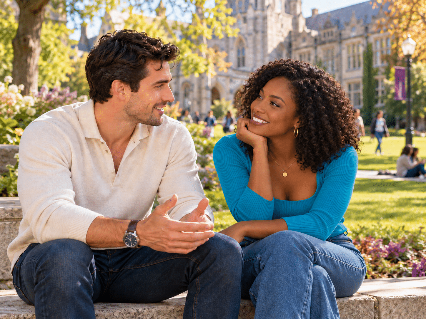 Couple in their early thirties talking on a college campus