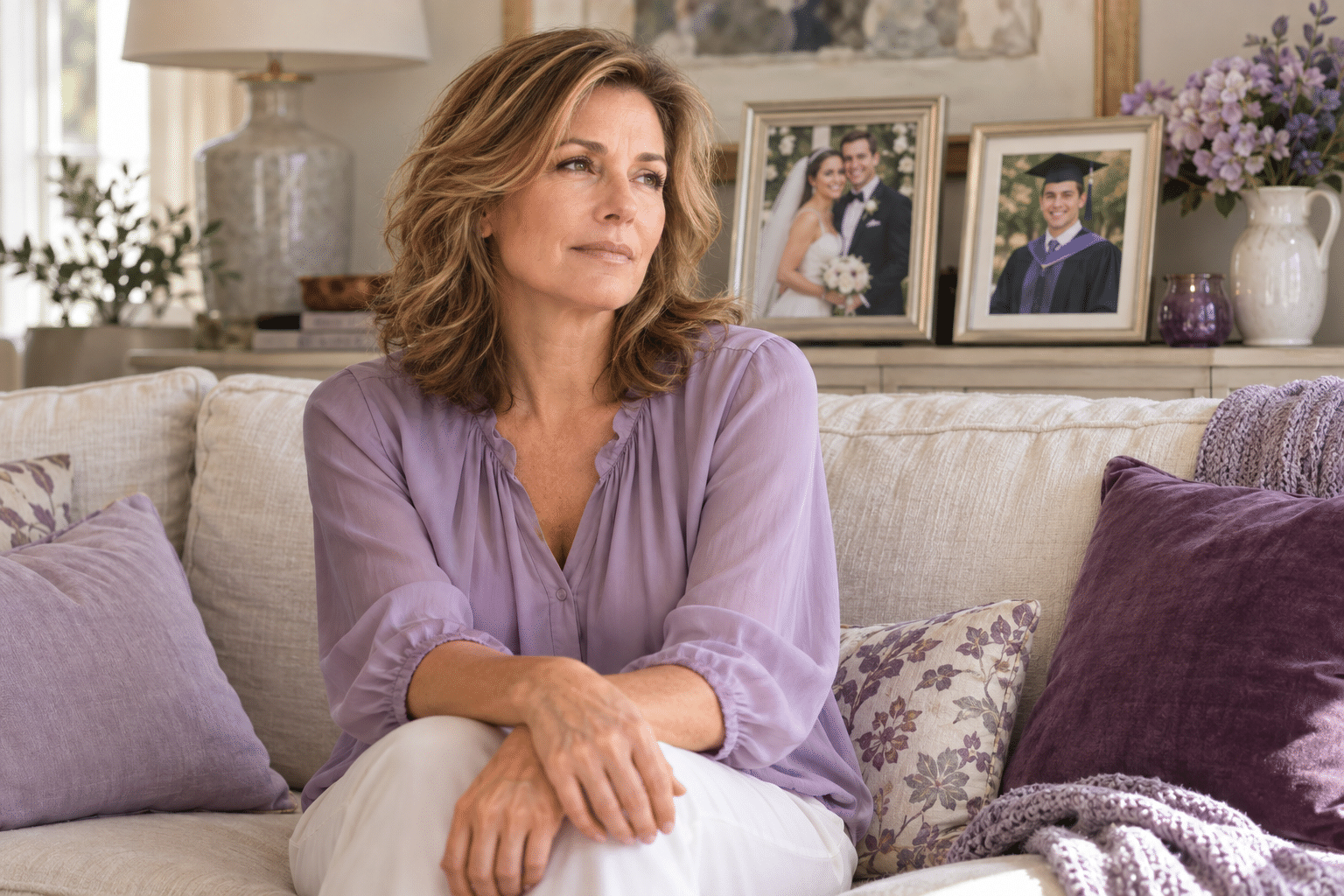 Woman reflecting on life after divorce and an empty nest, with wedding and graduation photos behind her