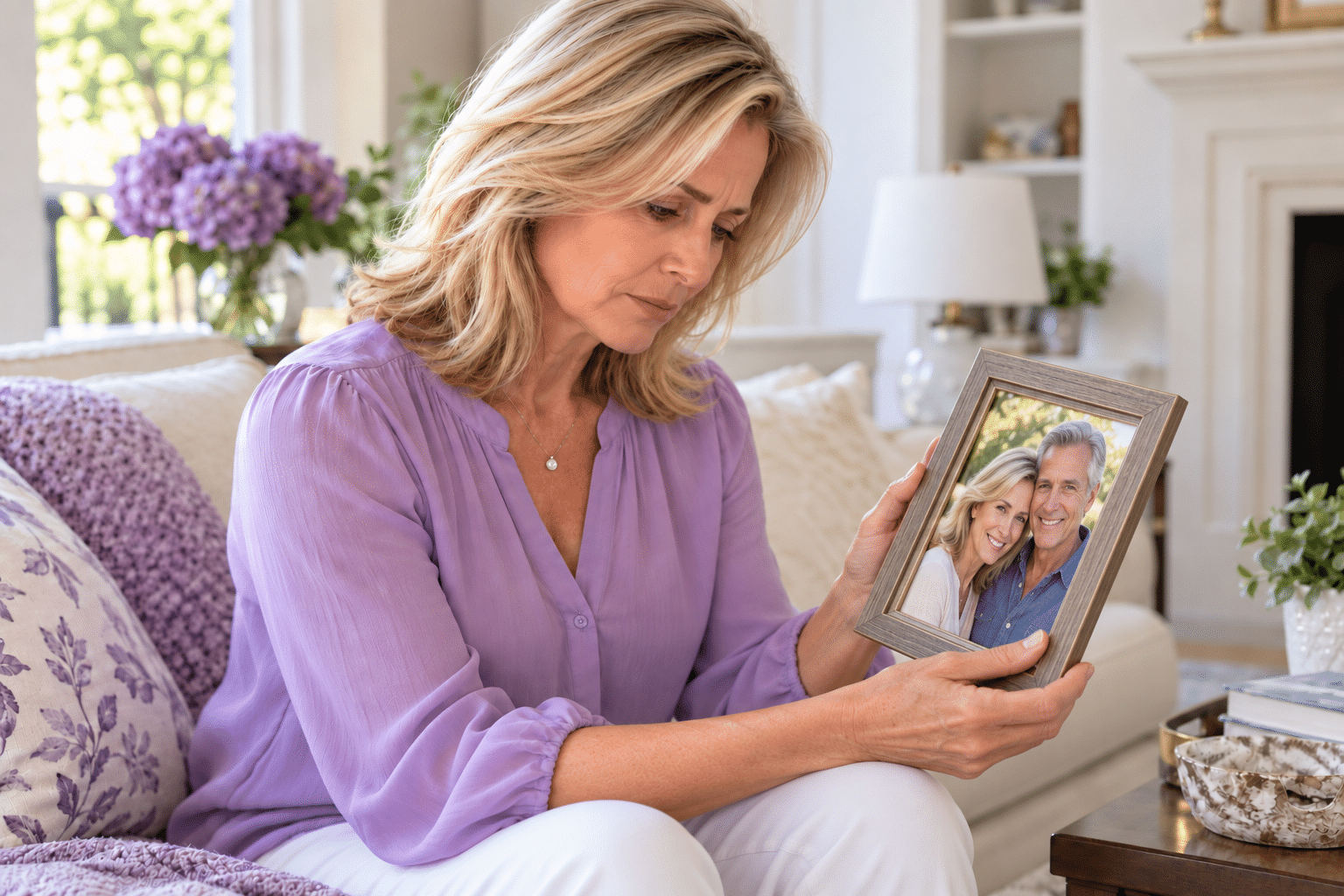 Older woman reflecting on a framed photograph of herself with her late husband