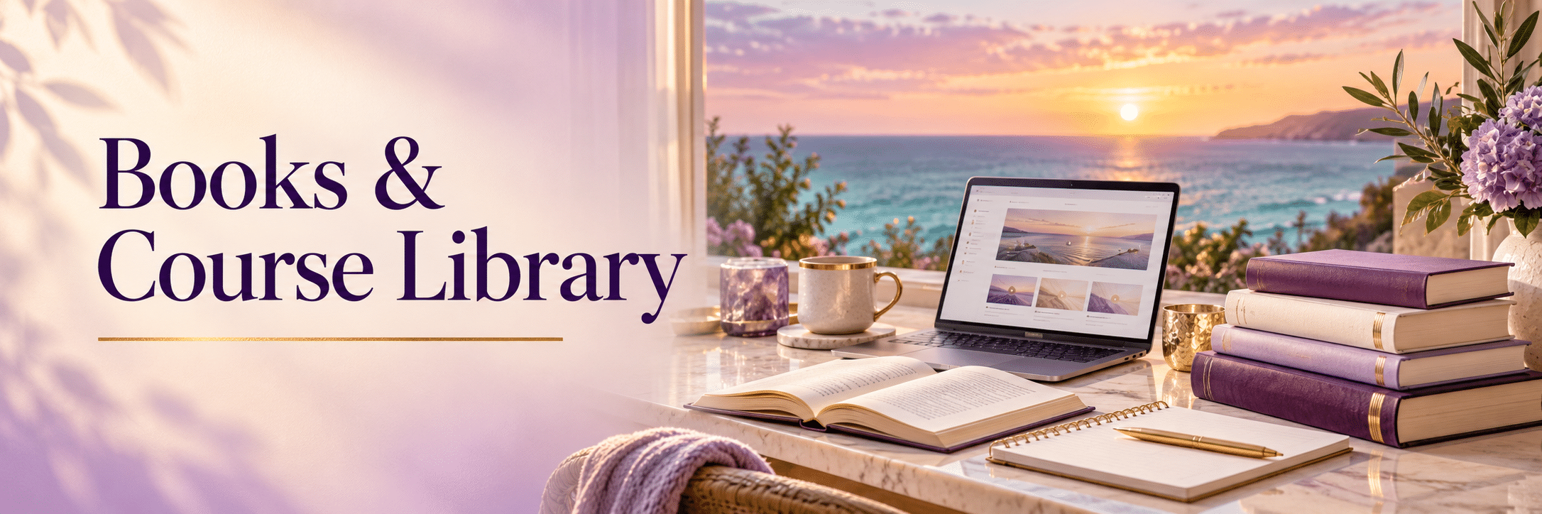 Books & Course Library: books, a notebook and online learning beside the ocean at sunset